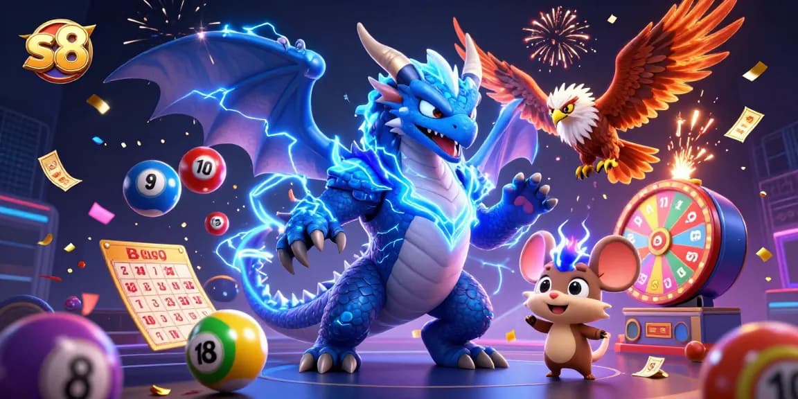 Dynamic gaming experience with S8 showcasing thrilling lottery action and vibrant characters in a celebratory atmosphere.