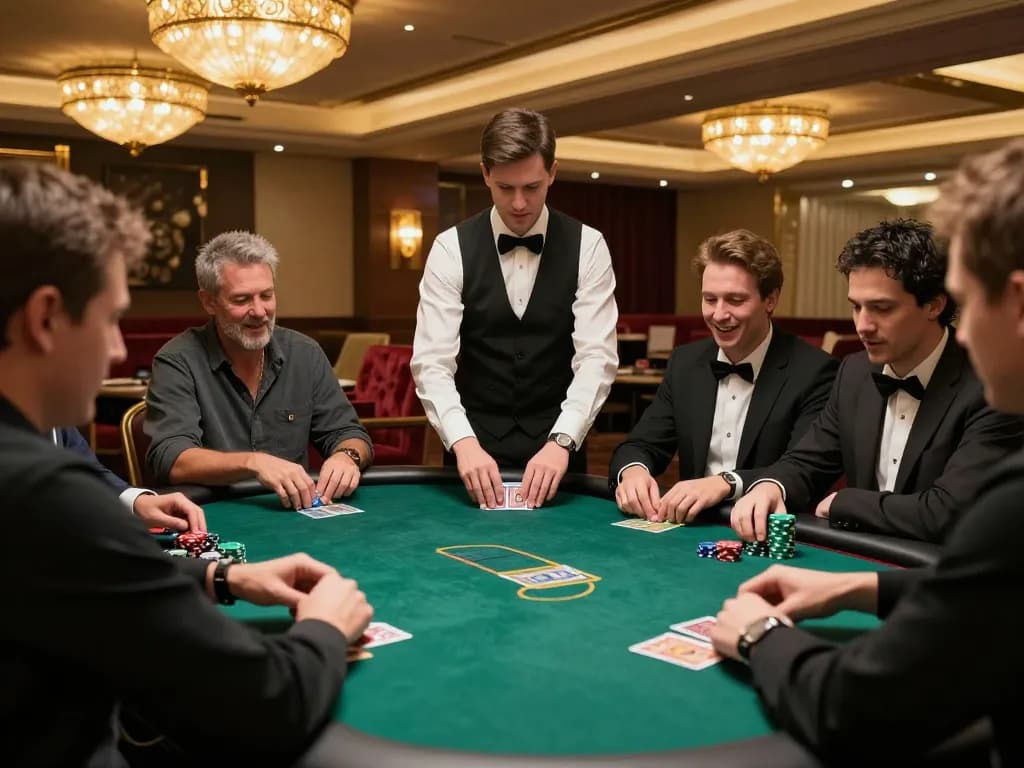 Players analyze high-stakes hands at a GO99 poker table in a luxurious casino setting
