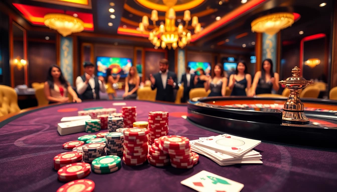 Engage in thrilling casino action at VN168 with poker chips, cards, and roulette wheel in a luxurious setting.