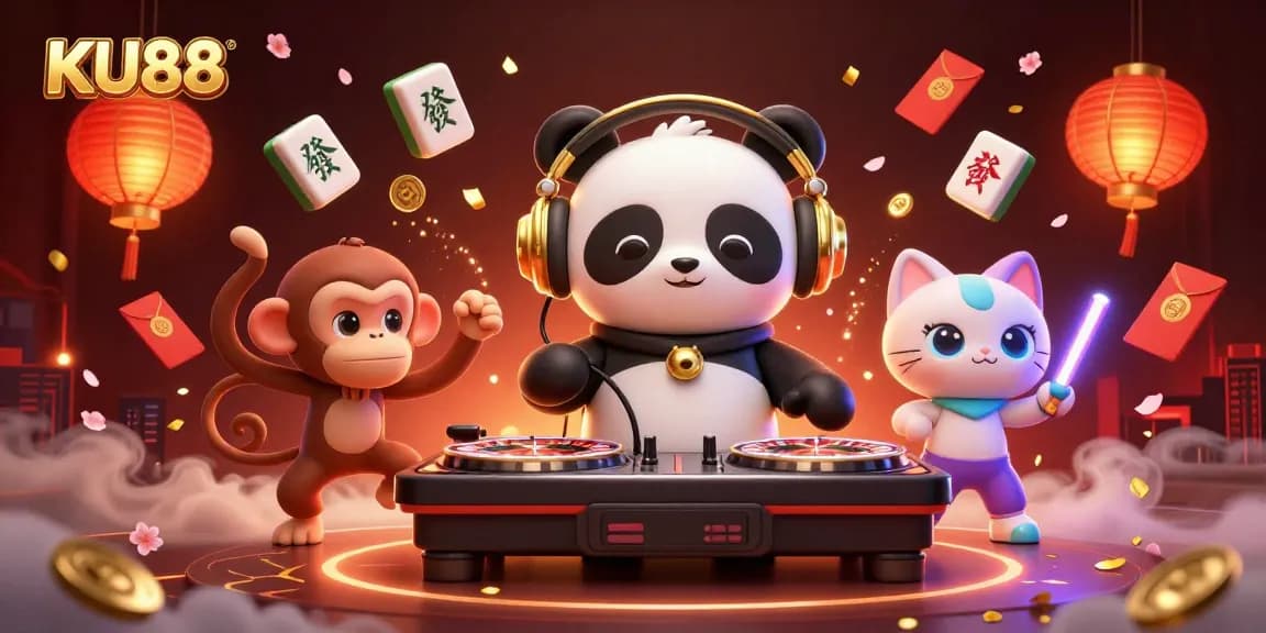 Experience exciting gameplay at KU88, featuring vibrant casino icons and joyful characters.