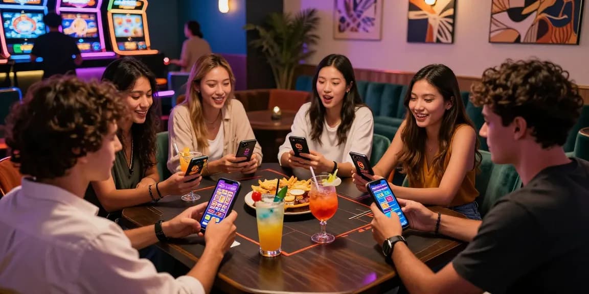 Diverse friends engaging with the XN88 app in a lively casino lounge, enjoying gaming and cocktails together.