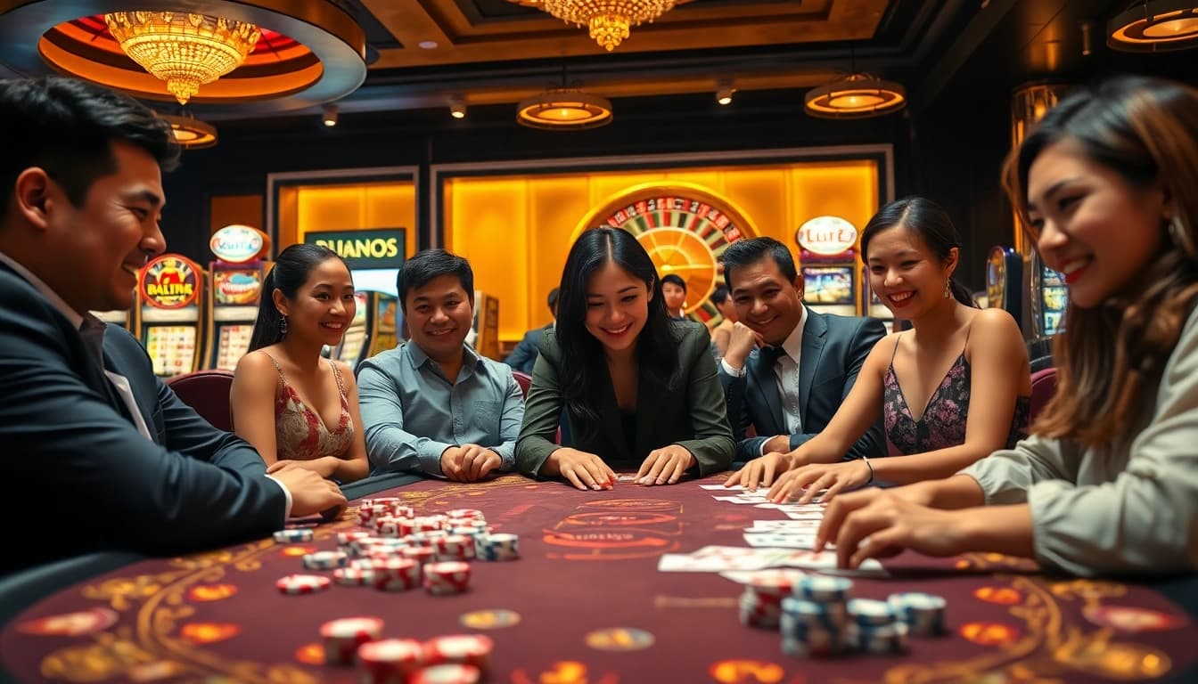 Engaging players in Game Bài Đổi Thưởng at a vibrant casino table filled with excitement and strategy.