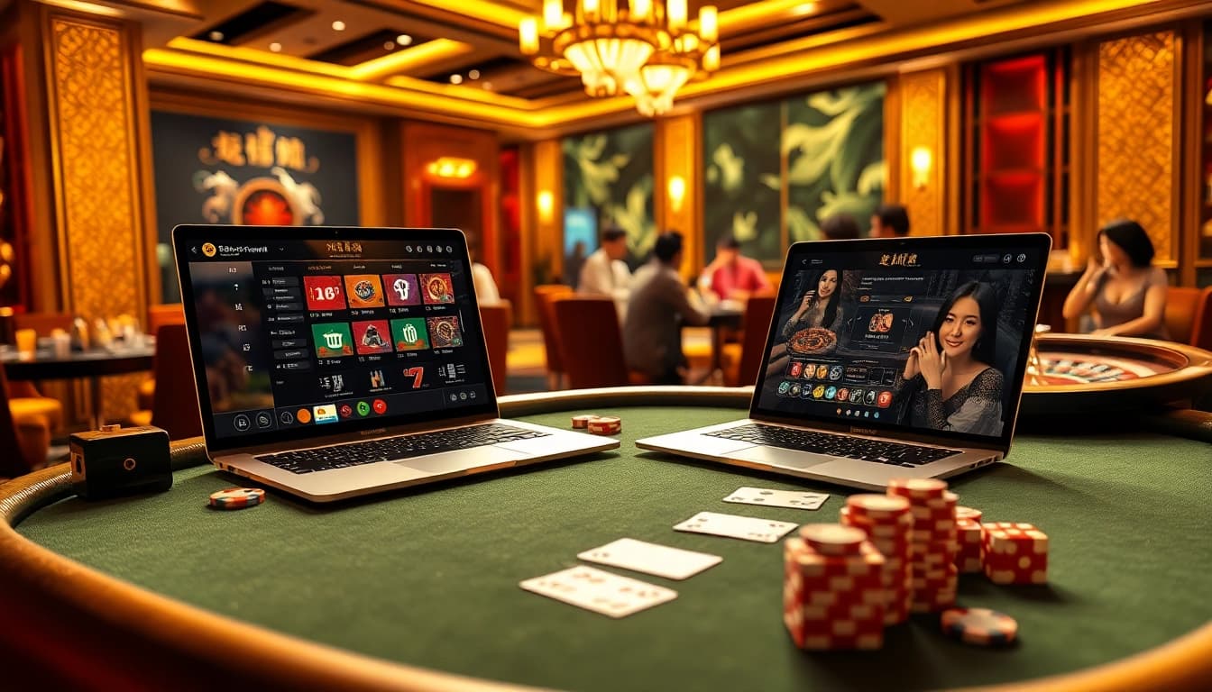Players enjoying an engaging game of tài xỉu md5 in an elegant casino setting with vibrant colors.