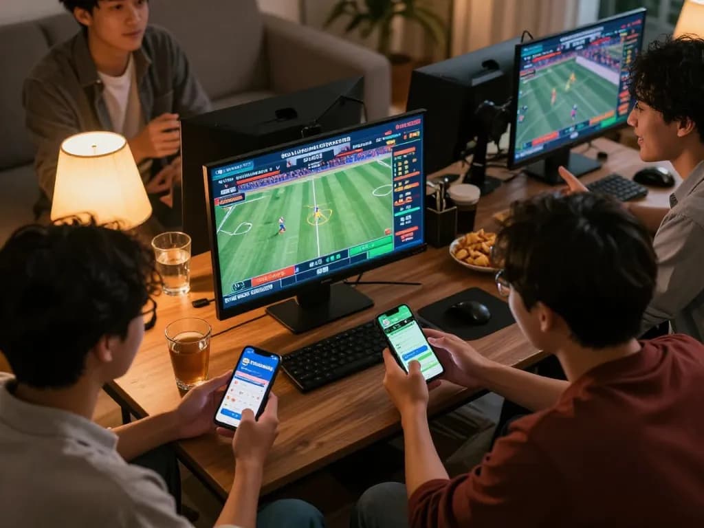 Group of friends discussing sports betting strategies using the tylekeonhacai88 app on their smartphone.