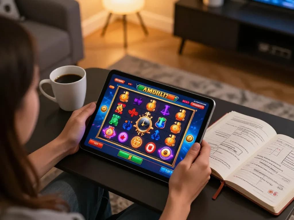 Play exciting online slots on du88 while enjoying a cozy home atmosphere with a tablet and strategy notes.