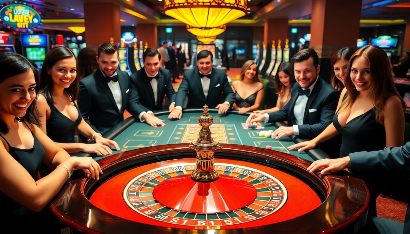 Players enjoying their bets at the LV88 casino roulette table amidst vibrant slot machines.