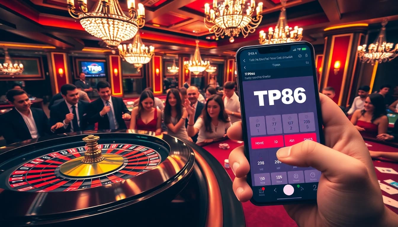 Experience the excitement of TP88 as players engage in high-stakes poker amidst a luxurious casino atmosphere.