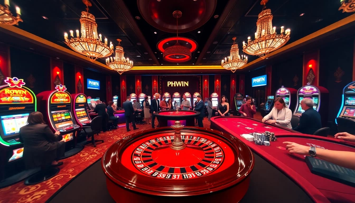 Join the excitement at PHWIN with players enjoying various games in a vibrant casino atmosphere.