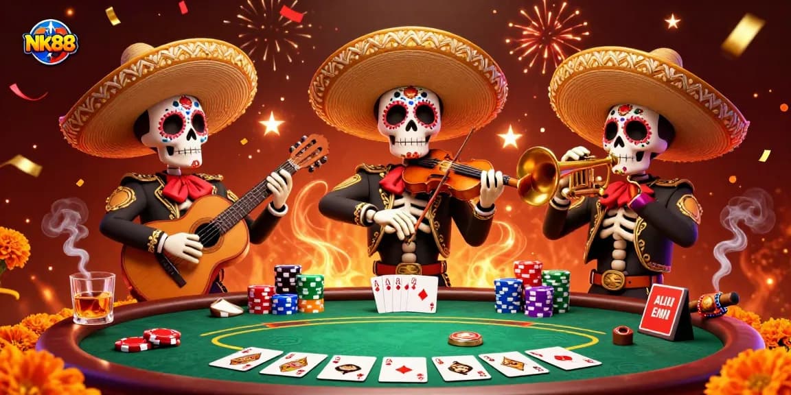 Join the vibrant celebration at NK88 with a mariachi band amidst colorful casino elements.