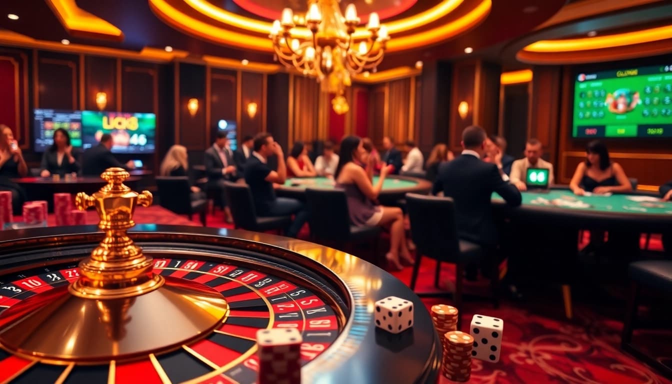 Experience thrilling action with luck8 at a luxurious casino setting featuring roulette and poker.