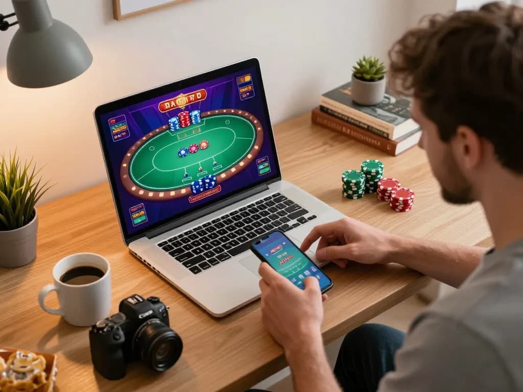 Player enjoying a strategic online poker game at home with llwin on laptop, enhancing focus and excitement.