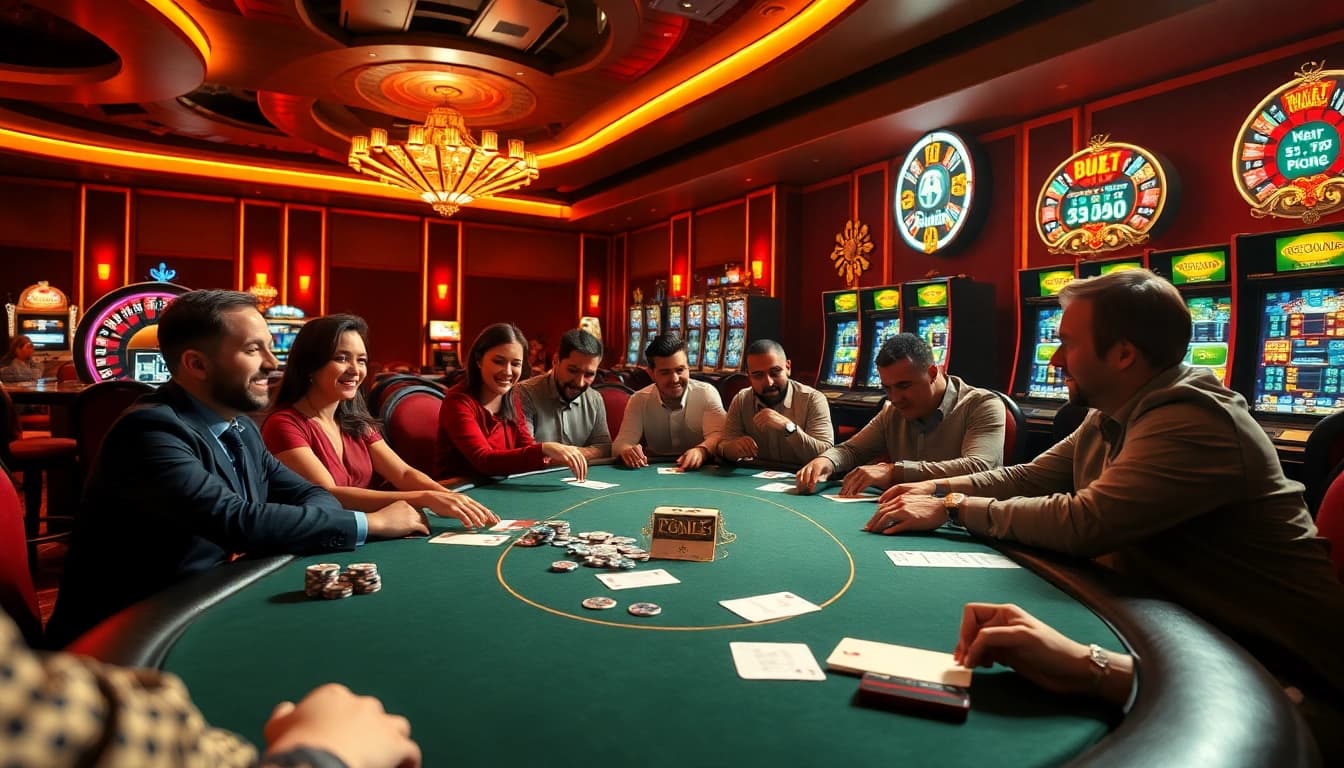 Experience the thrill of winning at https://5gbetbr.com.br/ with vibrant casino visuals of poker and slot machines.