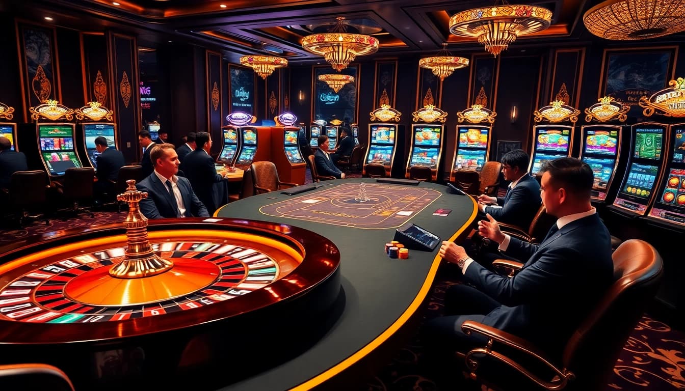 Experience the thrill of 88aa at a luxurious casino featuring vibrant games, poker tables, and roulette wheels.