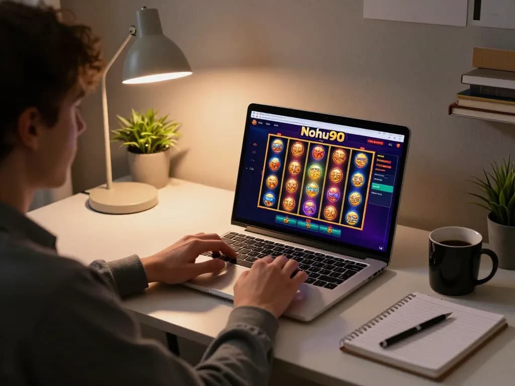 Nohu90 player spinning colorful slot reels from a cozy home setup.