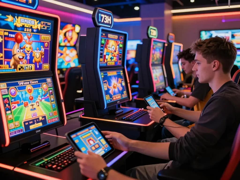 Players enjoying thrilling gaming experiences on the 73H platform, surrounded by vibrant game graphics in a lively lounge.