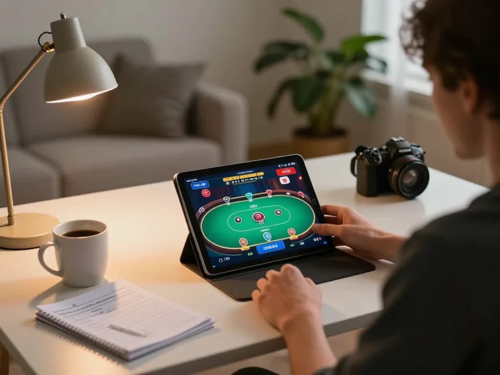Engaging in strategic online poker at Onbet using a tablet in a cozy home setting