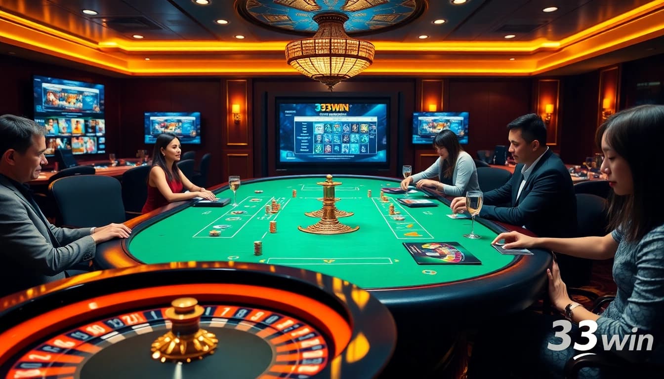 Engaging players in thrilling card games at 33win, showcasing a luxurious casino atmosphere.