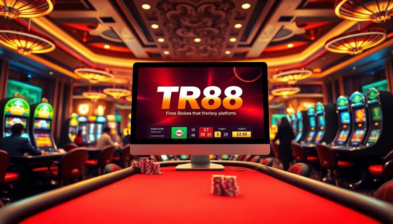 Engage with the TR88 online gambling platform highlighted in an opulent casino scene.