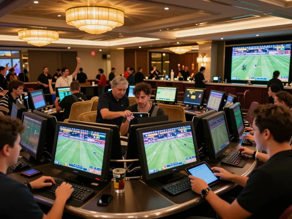 LC88 players engaging in strategic sports betting with excitement and modern screens