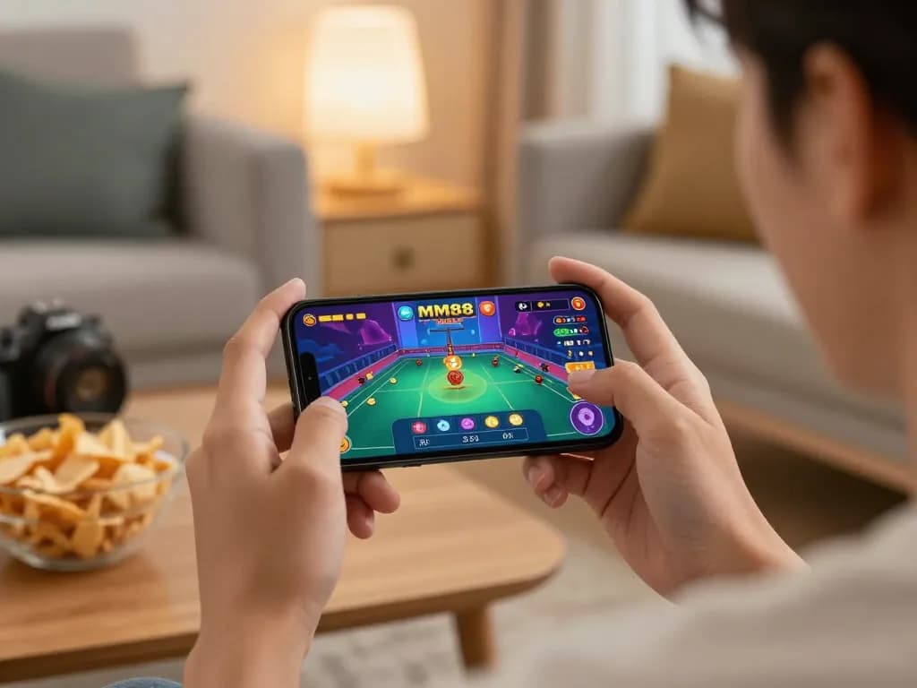Engaging gameplay on the MM88 casino app displayed on a smartphone in a cozy home setup.