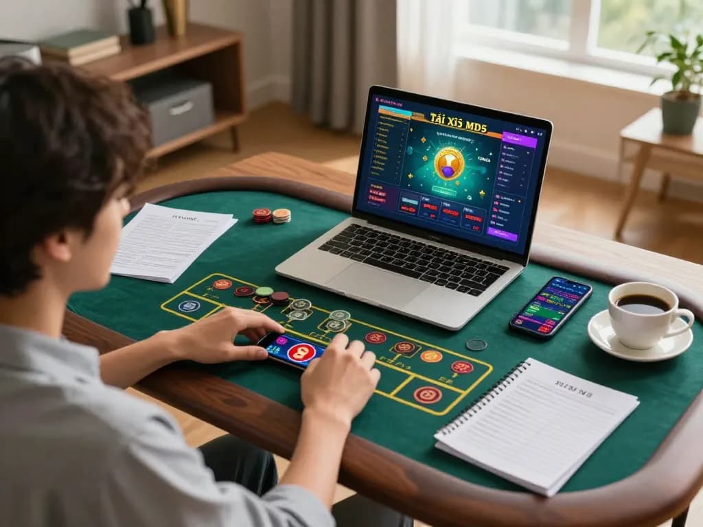 Tài xỉu md5 gameplay in a cozy home setting, showcasing strategic betting on a laptop.