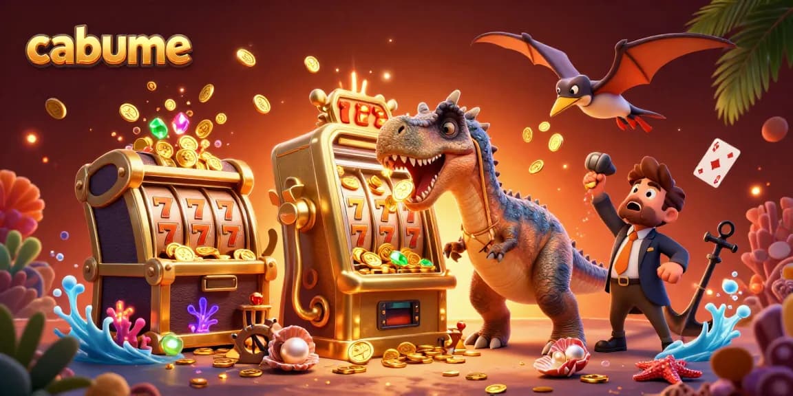 Cabume showcases a pachycephalosaurus hitting a slot machine, creating a vivid gaming scene.