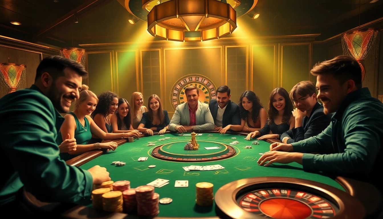 Players enjoying an exciting poker game at B52Club, surrounded by vibrant casino atmosphere and luxury.