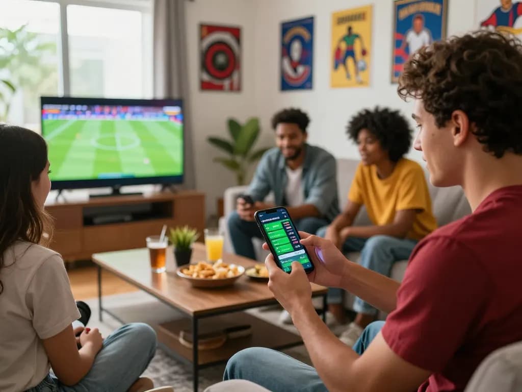 Engaging friends analyzing kèo nhà cái odds on smartphone during an exciting sports watch party
