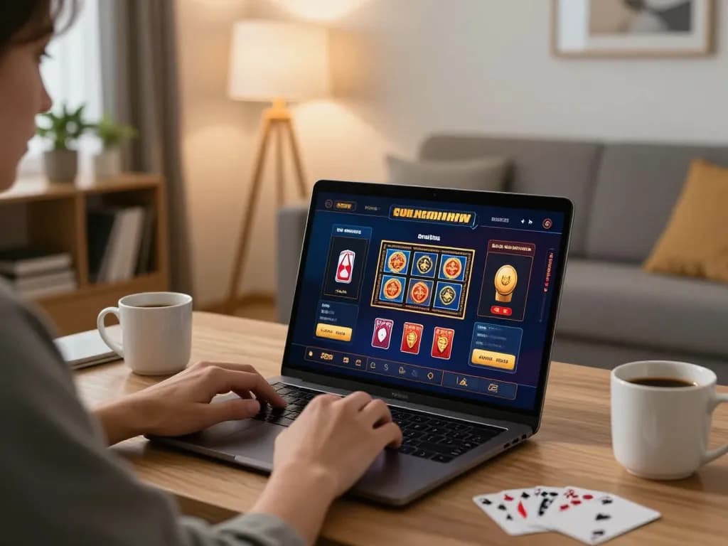 Player enjoying online casino games on alo8 laptop in a cozy home environment with ambient lighting.