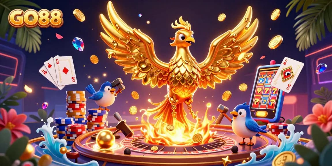 Experience thrilling action with GO88 as a golden phoenix emerges, surrounded by vibrant gambling elements.