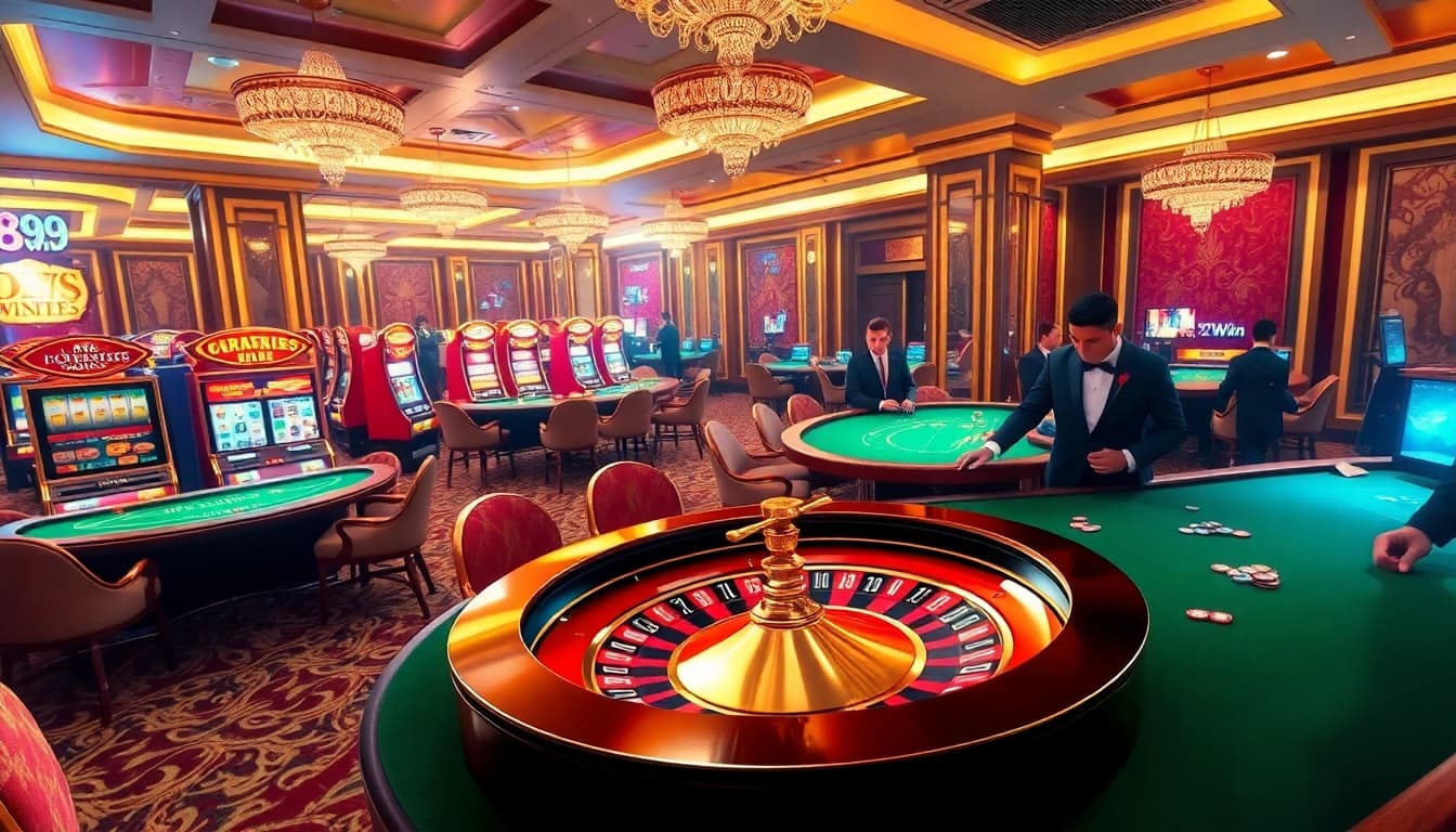 Experience the luxury of 789Win as players engage in intense casino games at vibrant tables with dealers.