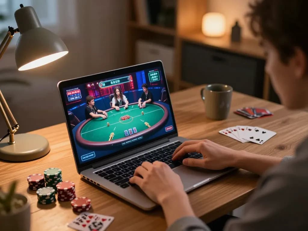 Engaging poker game on laptop screen, highlighting luckywin experience in cozy home office setting.