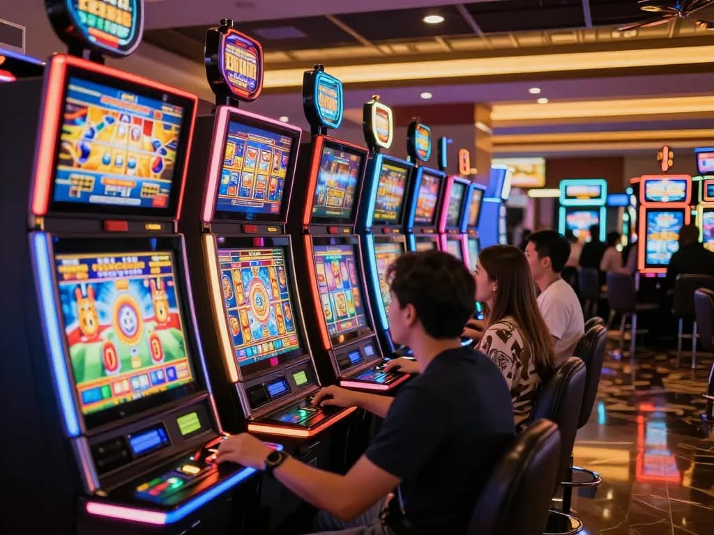 Pucuk138 players enjoying vibrant slot machines in a thrilling casino atmosphere.