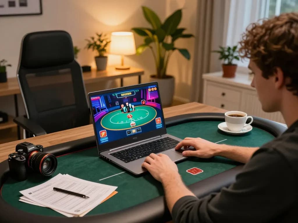 Player engaging in online F168 casino gaming on laptop in cozy home office.