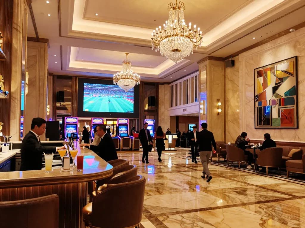 Experience the excitement of ONE88 casino with guests enjoying vibrant ambiance in a luxury hotel lobby.