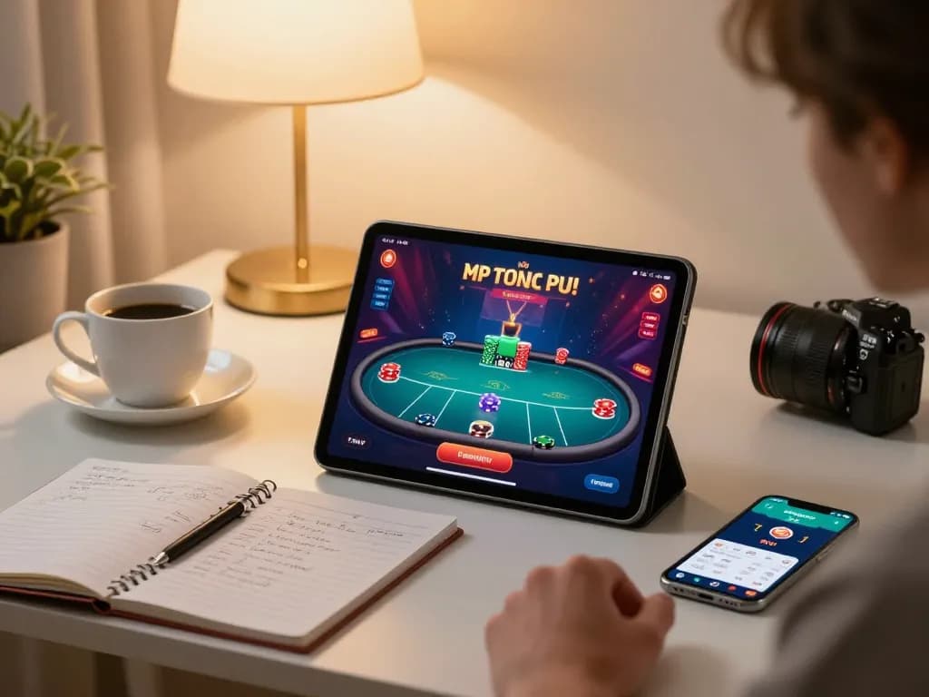 Engaging in an online poker game at home using a tablet, showcasing strategic gameplay on https://ok904.com/ and a stylish atmosphere.