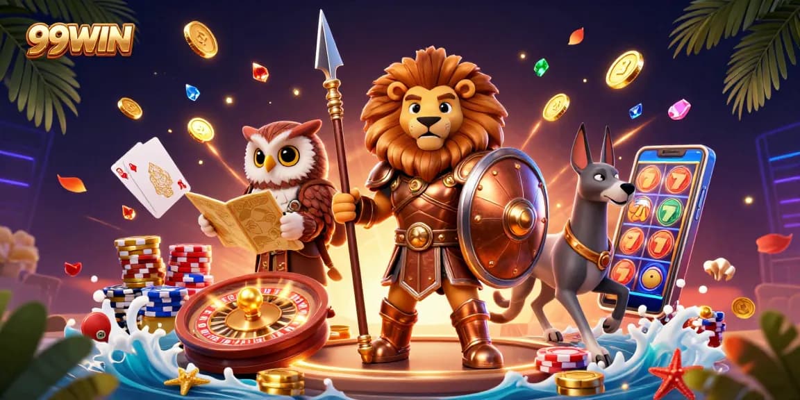 Experience the dynamic world of 99WIN with an epic scene of a Spartan lion, an owl strategist, and a greyhound messenger surrounded by casino elements.