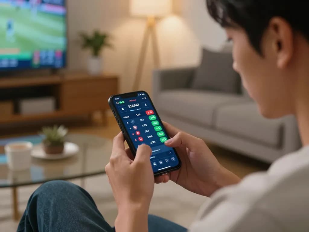 Person actively placing bets on uu8855 using a smartphone in a cozy living room environment.