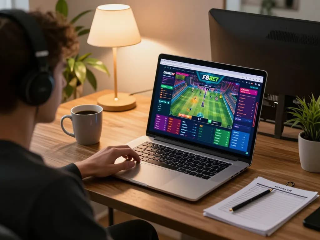 Engaging online betting session on F8BET with user on laptop and gaming elements visible.