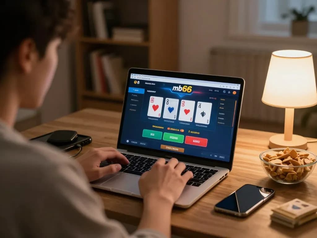 Engaging player using mb66 on laptop for online gambling with strategic focus in cozy setting.
