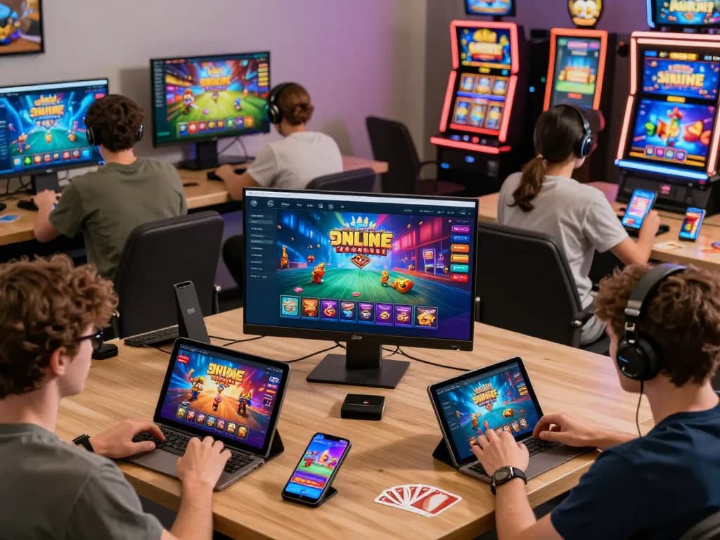 DA88 online gaming platform showcasing diverse players engaged in interactive games across multiple devices in a vibrant environment.