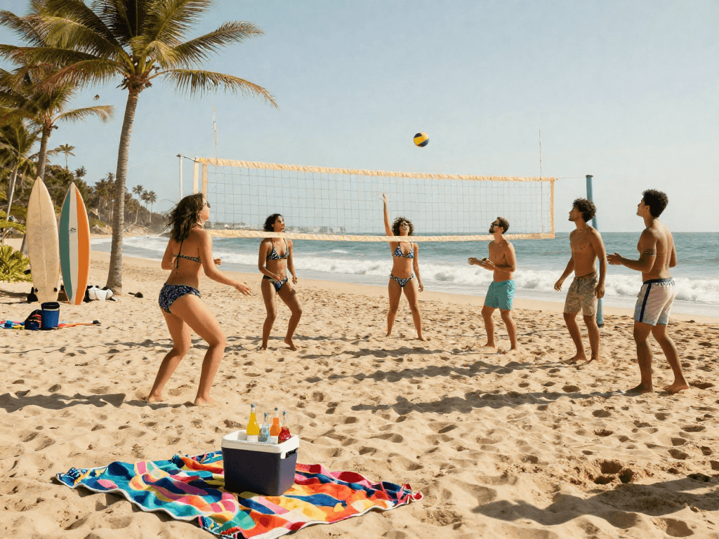 Friends in stylish BIKINISLOT swimsuits playing beach volleyball on a sunny shore.