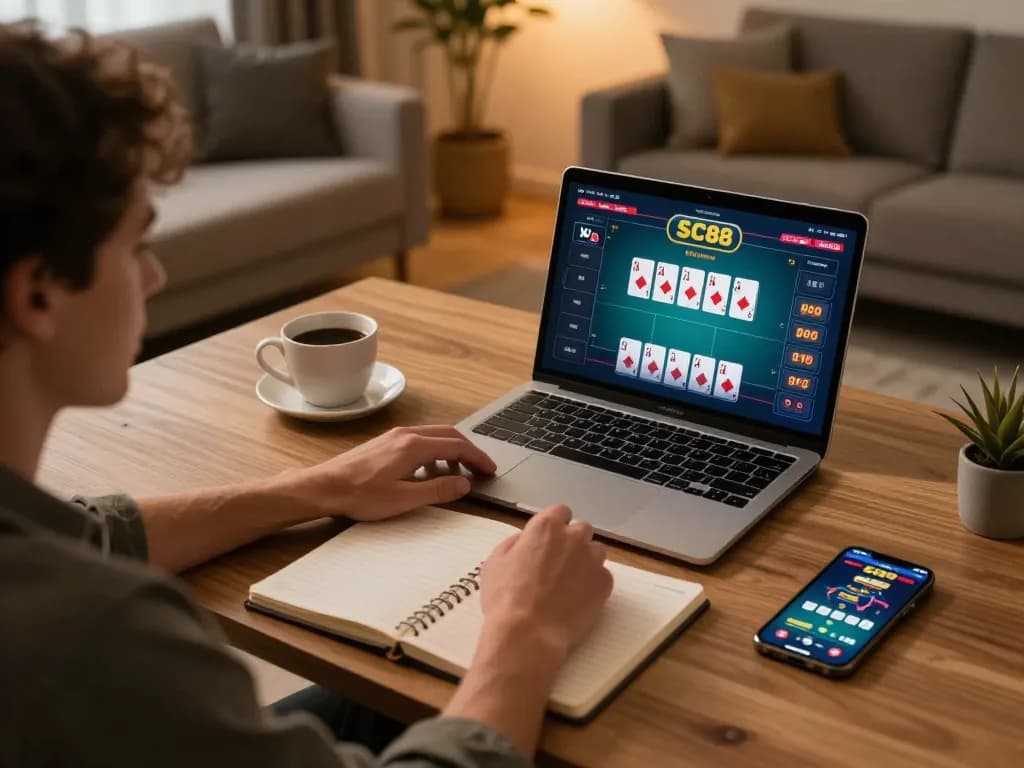 Player enjoying SC88 poker game on laptop in a cozy home setting with warm lighting.