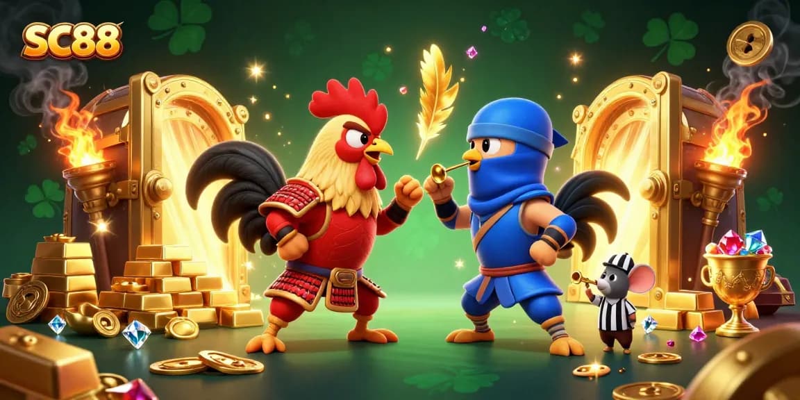 Engage in thrilling SC88 action with fighting roosters amidst treasure and casino elements.