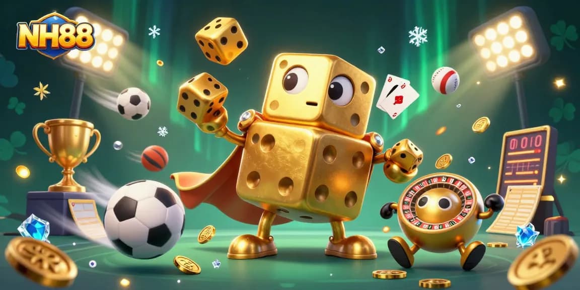 Experience the thrilling world of NH88 casino with dynamic sports elements and golden dice golem in action!