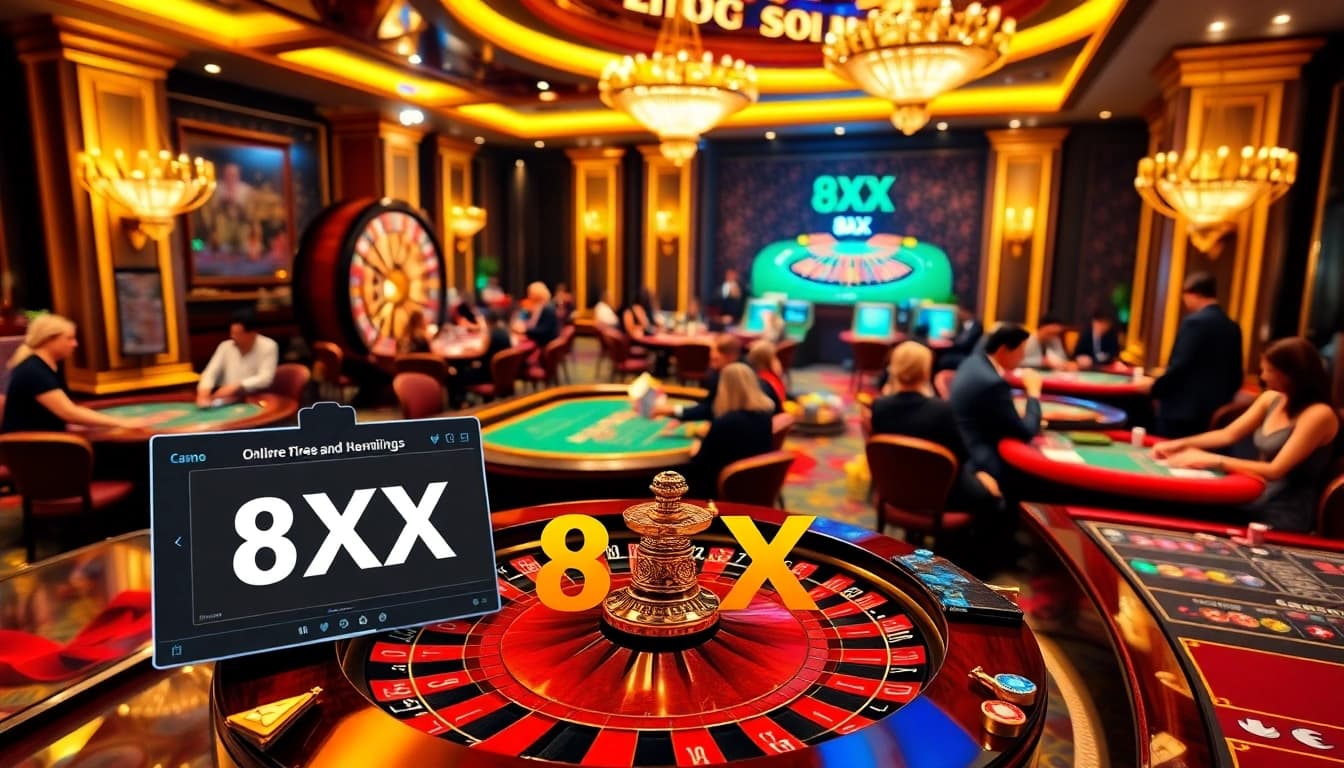 Experience the thrill of 8XX gaming with vibrant casino tables and a luxurious roulette wheel.