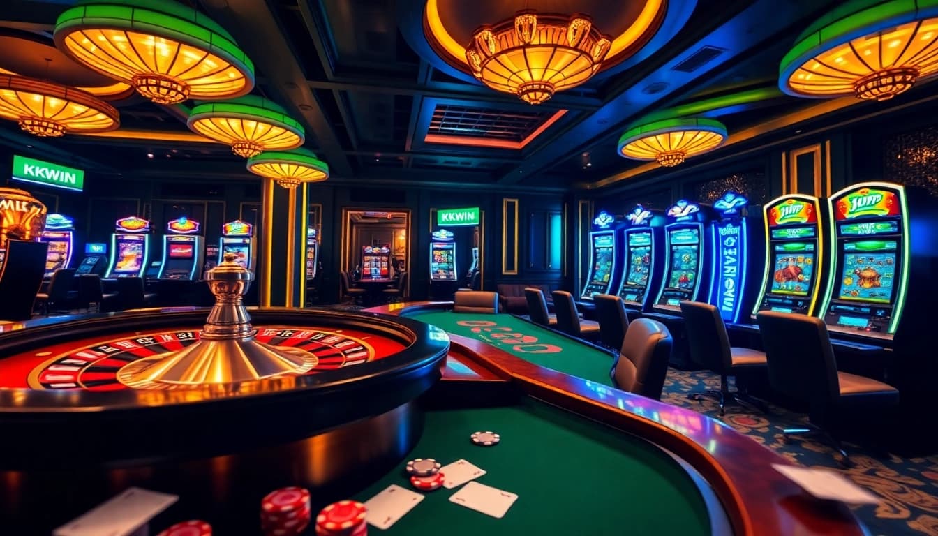 Betting action at KKWIN's casino tables with vibrant lights and luxury atmosphere.