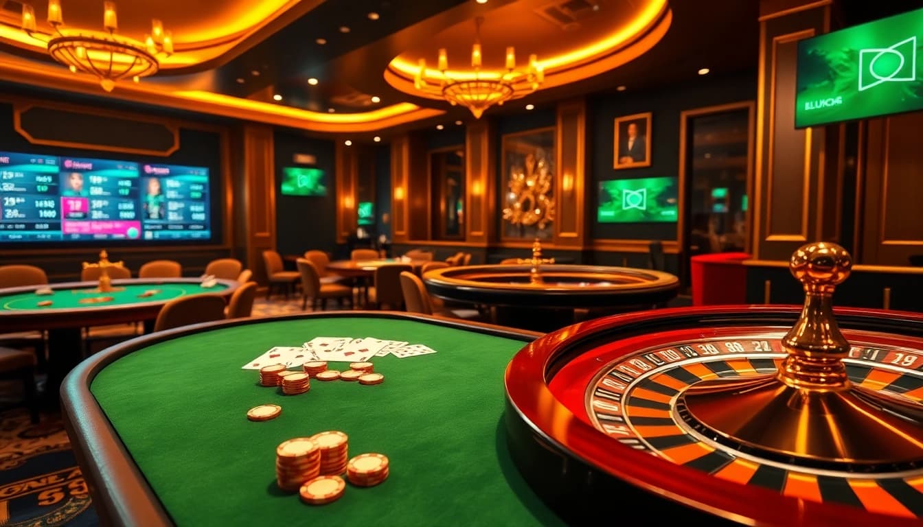 LUCK8 casino scene showcasing high-stakes poker and roulette with luxury elements.