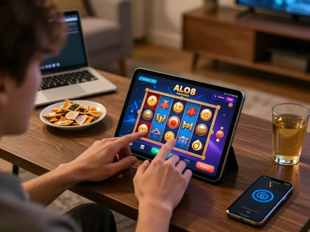 Player enjoying the ALO8 online casino on a tablet in a cozy setting, emphasizing responsible gaming
