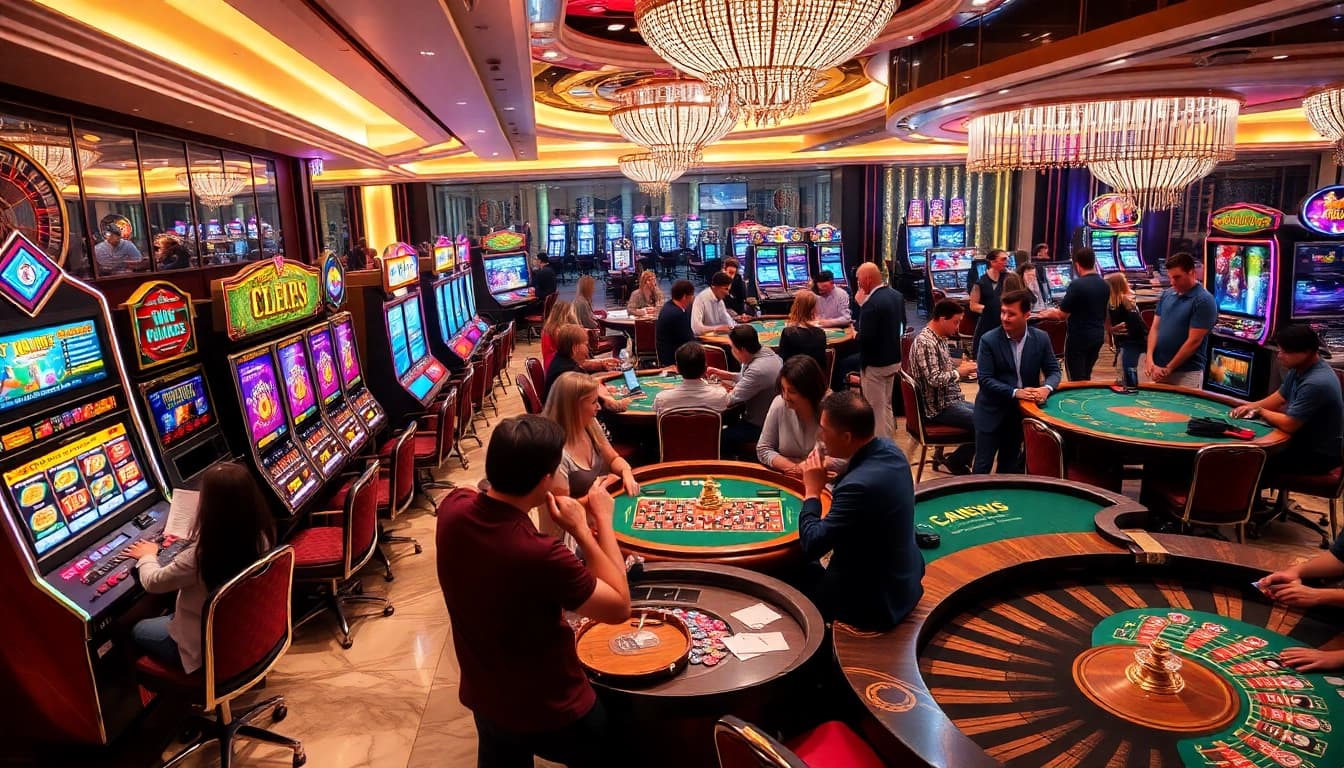 Players enjoying exciting games at https://188v.bz/, including slots and roulette within a vibrant casino atmosphere.